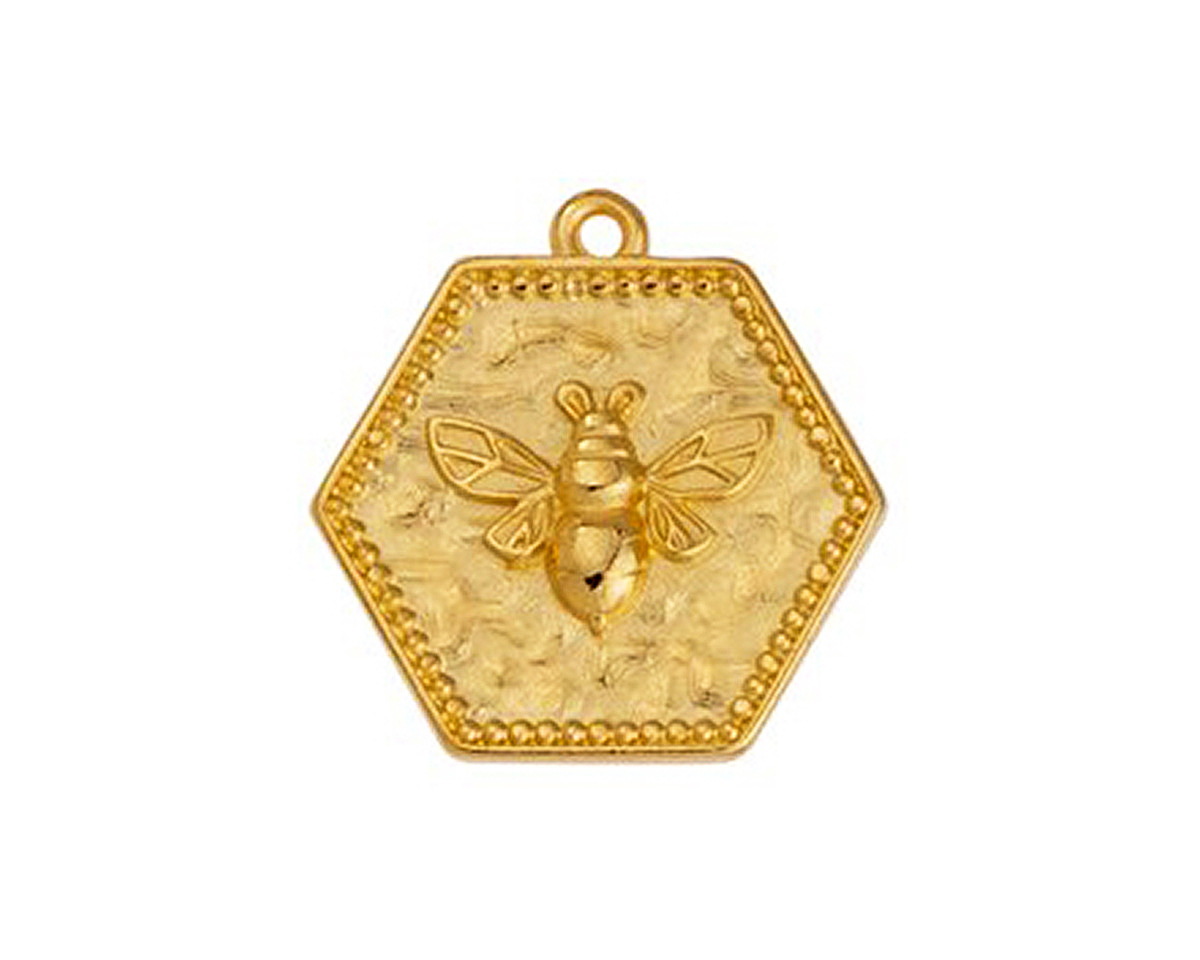 24K Gold (plated) Hexagon Bee Seal Focal 21x22mm