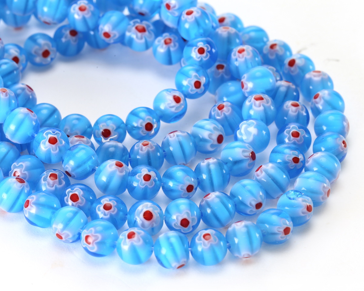 Millefiori Glass Sea Blue w/ White & Red Flower Round 8mm