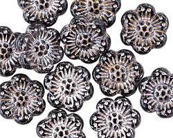 Czech Glass Jet w/ Platinum Wild Rose Coin 13mm