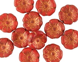 Czech Glass Etched Ruby Red w/ Copper Wash Hibiscus Coin 12mm