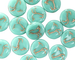 Czech Glass Turquoise w/ Platinum Bird Coin 12mm