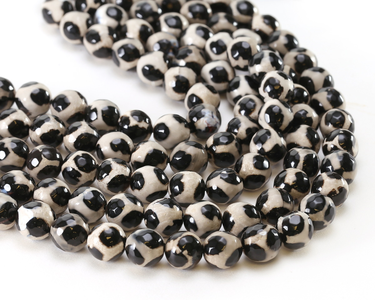Tibetan (Dzi) Agate Black & White Patterned Faceted Round 10mm