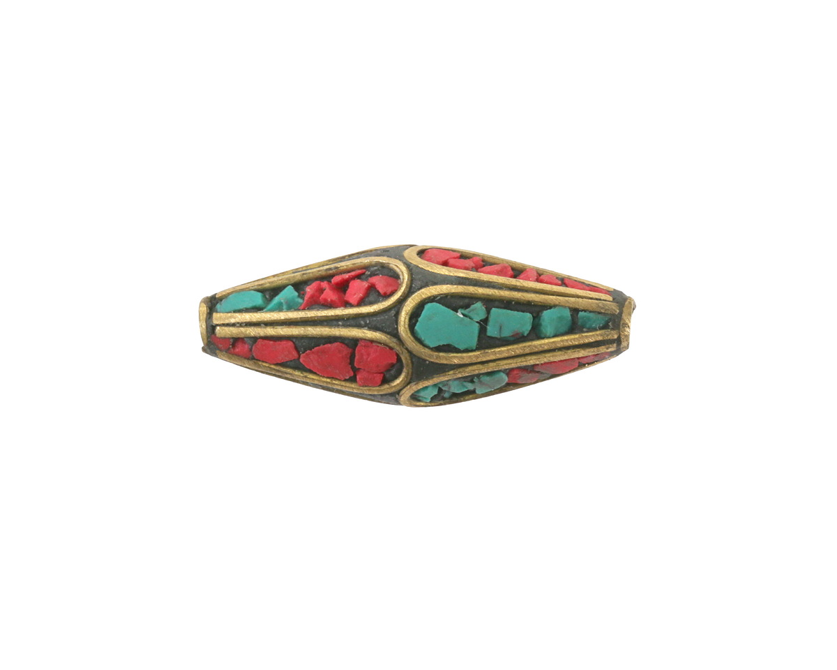 Nepalese Brass Rice Bead w/ Turquoise & Coral Mosaic 22-30x8-10mm