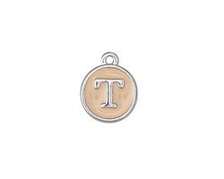 Angel Pink Enamel Silver Finish Initial Coin Charm "T" 12x14mm