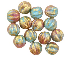 Czech Glass Desert Rose & Sky Blue w/ Gold Wash Melon Round 10mm