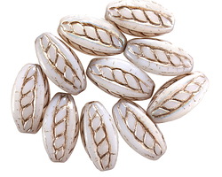 Czech Glass White w/ Platinum Roped 4-sided Rice Oval 15x9mm