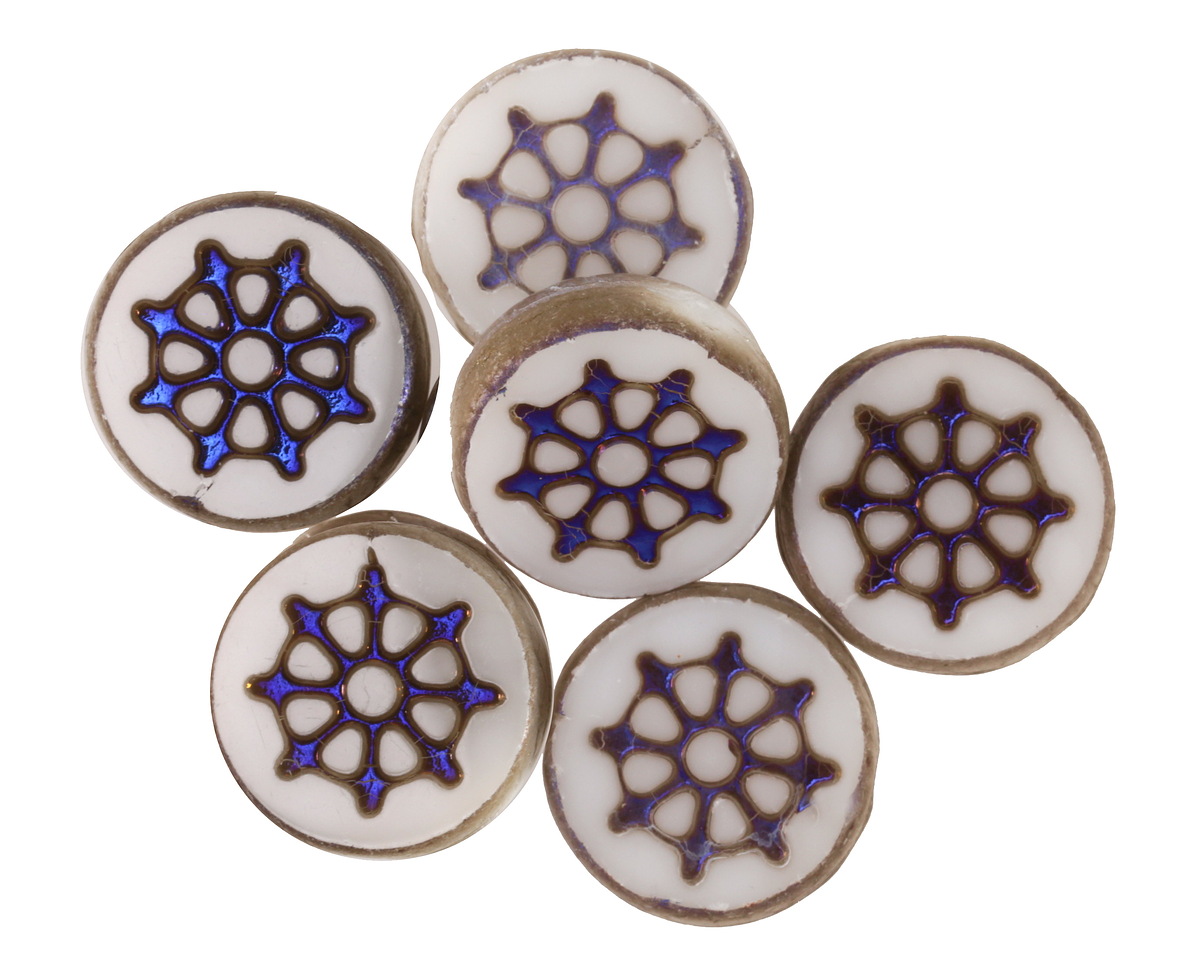 Czech Glass White w/ Iris Blue Ship's Wheel Coin 12mm