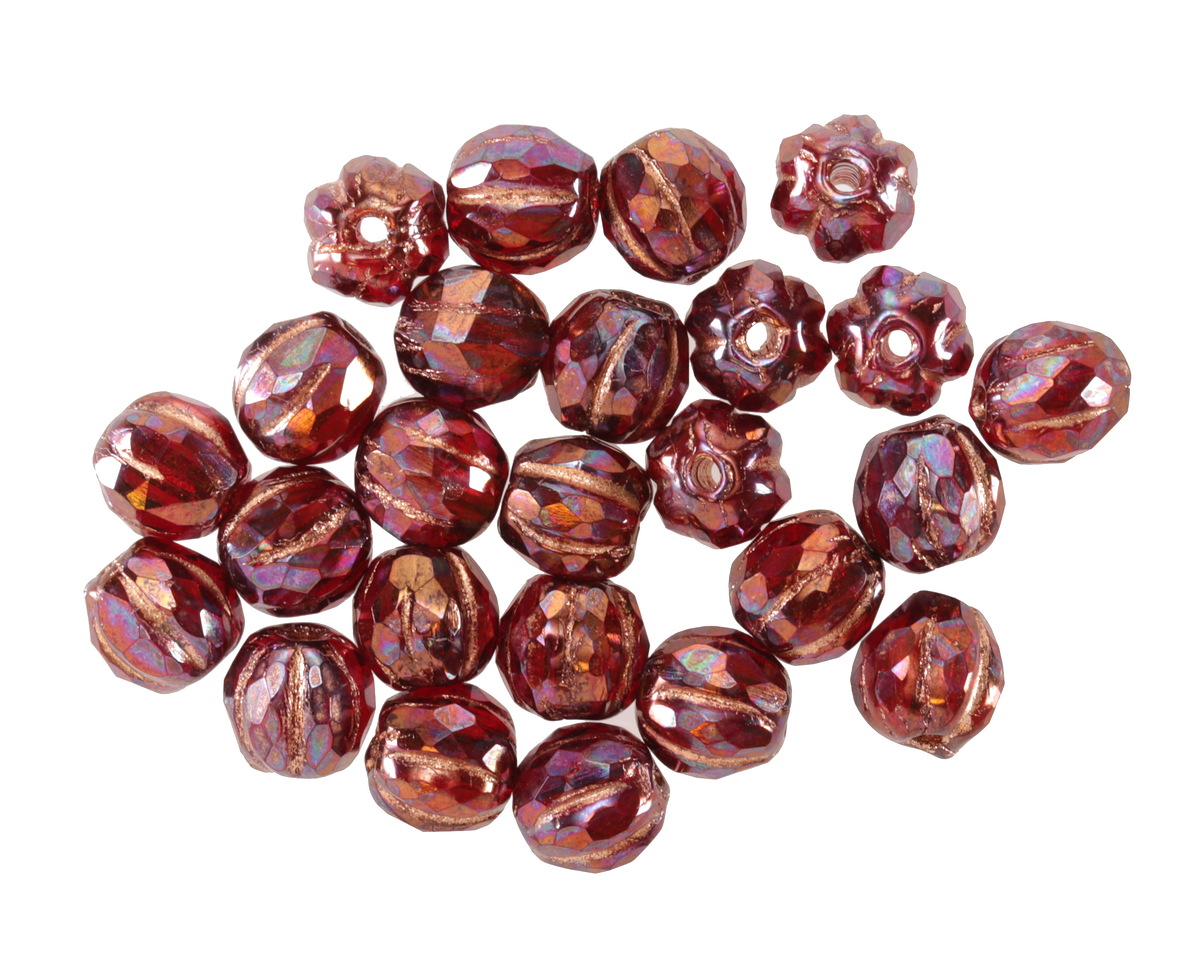 Czech Glass Ruby Red w/ Iris Luster & Copper Wash Faceted Melon 6mm