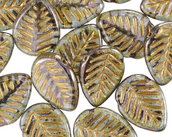 Czech Glass Aquamarine Picasso w/ Gold Wash Carved Leaf Drop 12x17mm