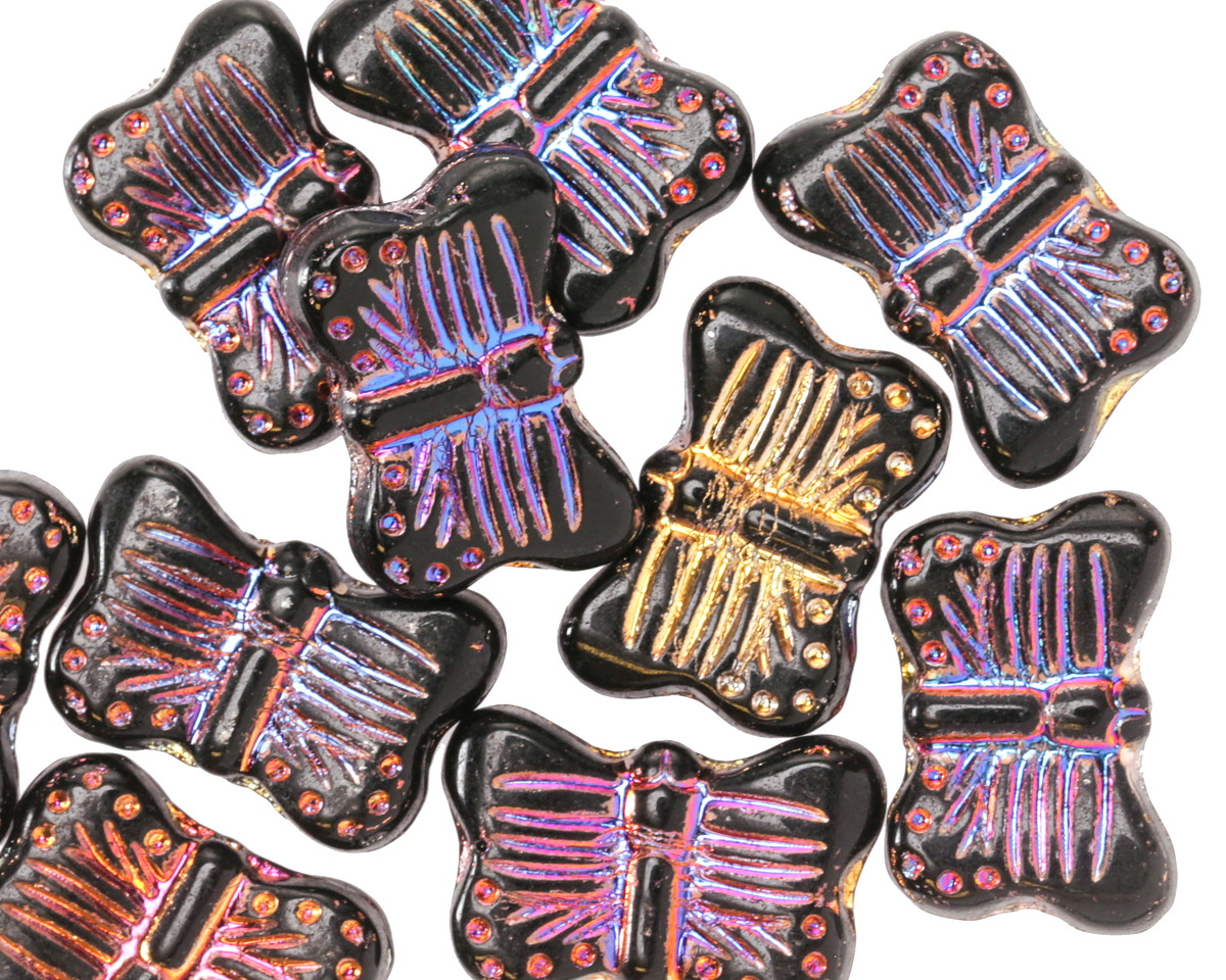 Czech Glass Jet w/ Metallic Rainbow Butterfly 16x11mm