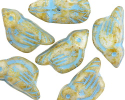 Czech Glass White Picasso w/ Turquoise Bird 11x22mm