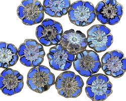 Czech Glass Sky Blue & Sapphire AB w/ Etched Antique Silver Hibiscus Coin 10mm