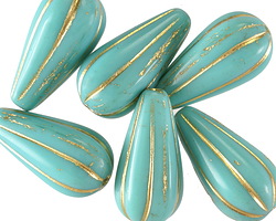 Czech Glass Turquoise w/ Gold Finish Melon Teardrop 23x11mm
