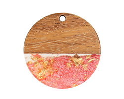 Walnut Wood & Blossom Pearlescent in Clear w/ Gold Foil Resin Round Focal 28mm