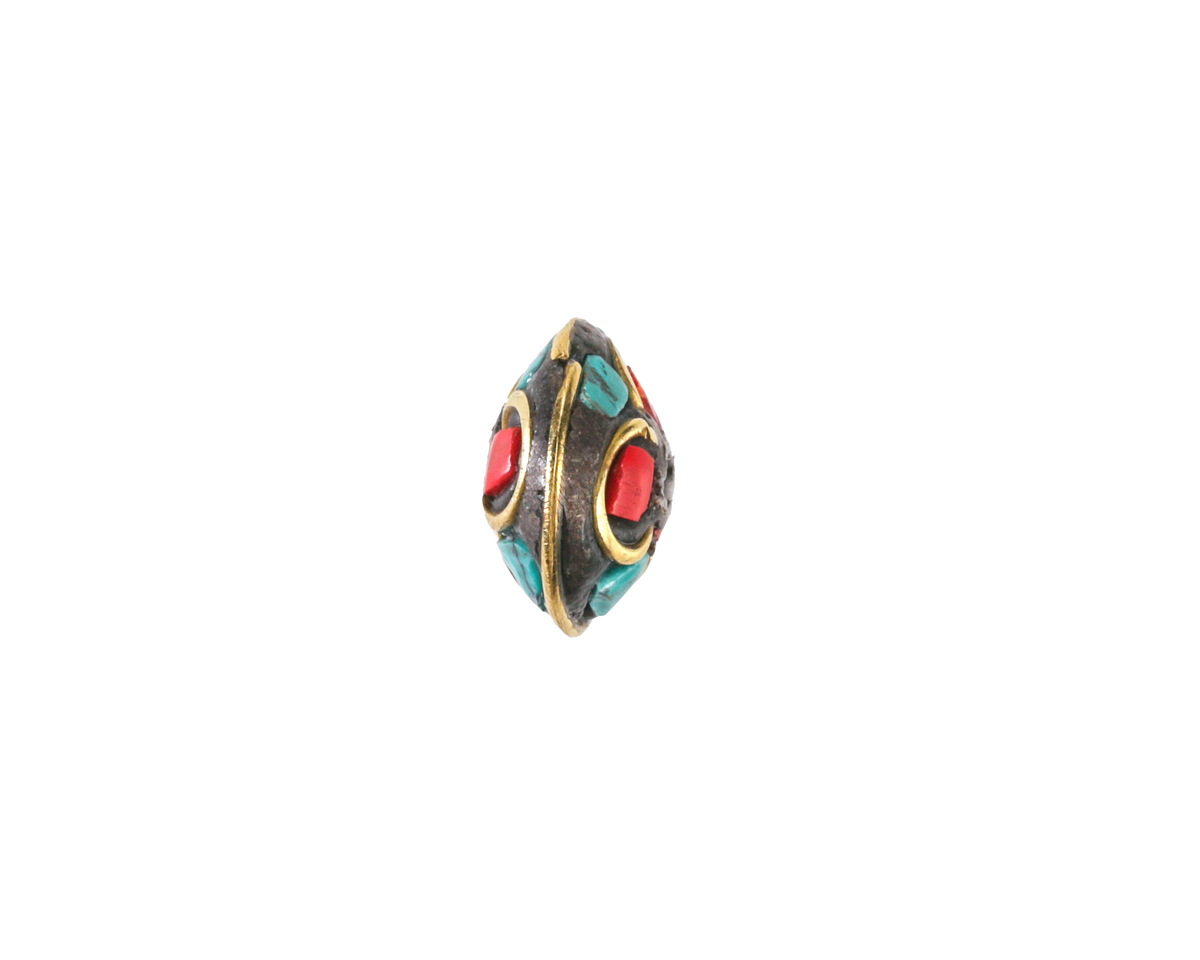 Nepalese Brass w/ Turquoise & Coral Mosaic Saucer Bead 8x12mm