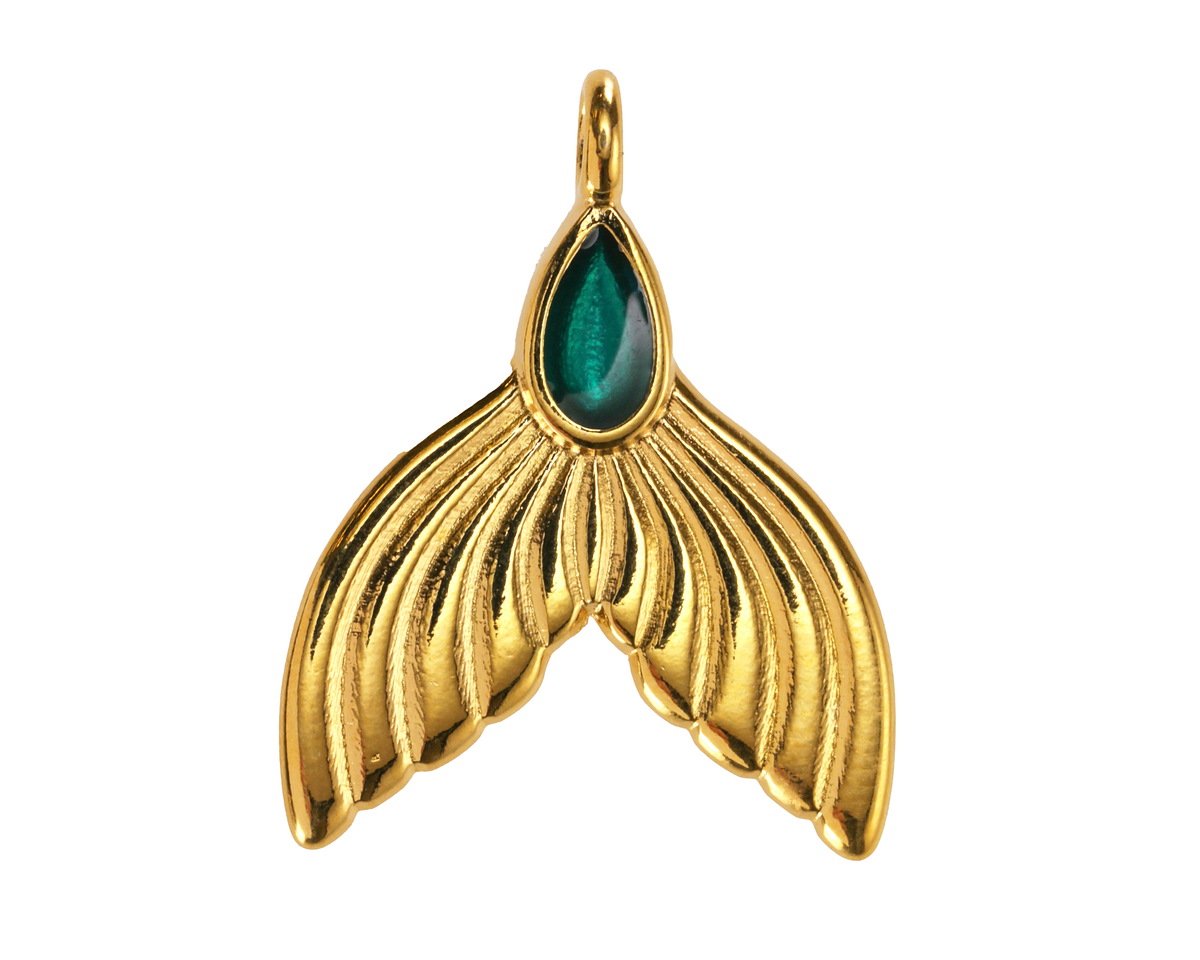 24K Gold (plated) Transparent Emerald Enamel Mermaid Tail Focal 24x30mm