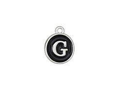 Jet Enamel Silver Finish Initial Coin Charm "G" 12x14mm