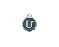 Peacock Green Enamel Silver Finish Initial Coin Charm "U" 12x14mm