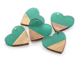 Walnut Wood & Emerald Resin Small Heart Focal 25mm