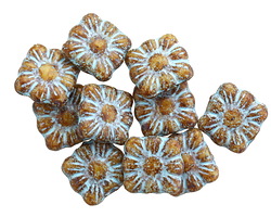 Czech Glass Dark Picasso w/ Turquoise Square Flower 9mm