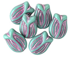 Czech Glass Turquoise w/ Metallic Pink Tulip 16x12mm