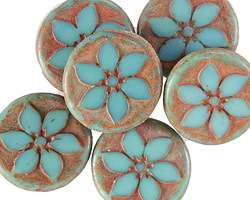 Czech Glass Turquoise w/ Copper Clematis Coin Bead 18mm