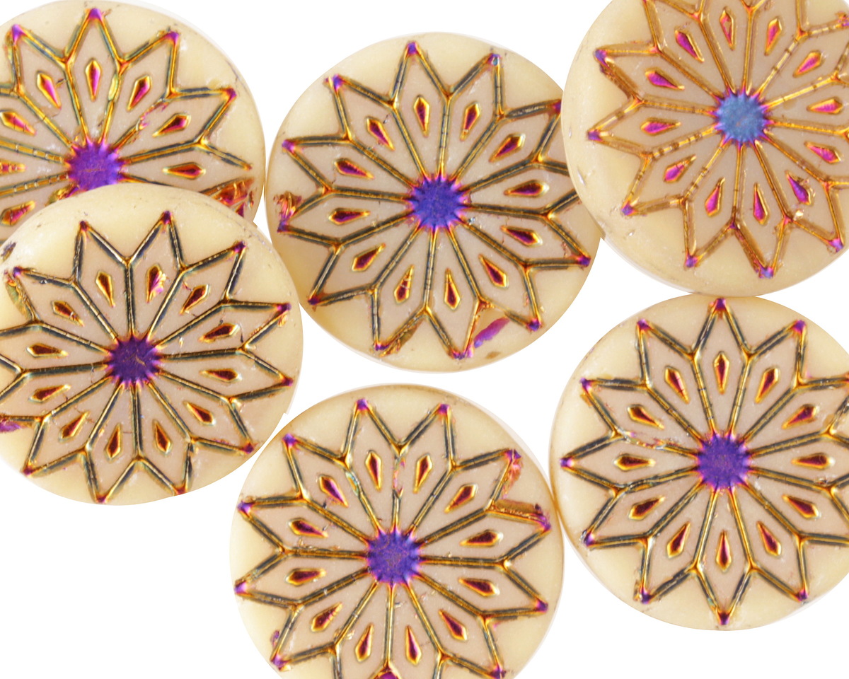 Czech Glass Matte Bisque w/ Metallic Rainbow Origami Flower Coin 18mm