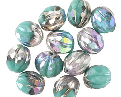 Czech Glass Turquoise AB w/ Silver Faceted Melon Round 10mm