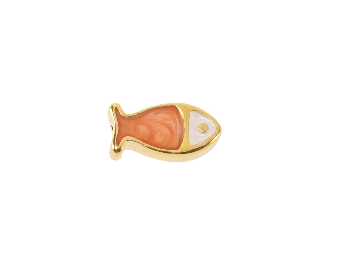 24K Gold (plated) White & Pearl Pearl Enamel Fish Bead 15x7mm