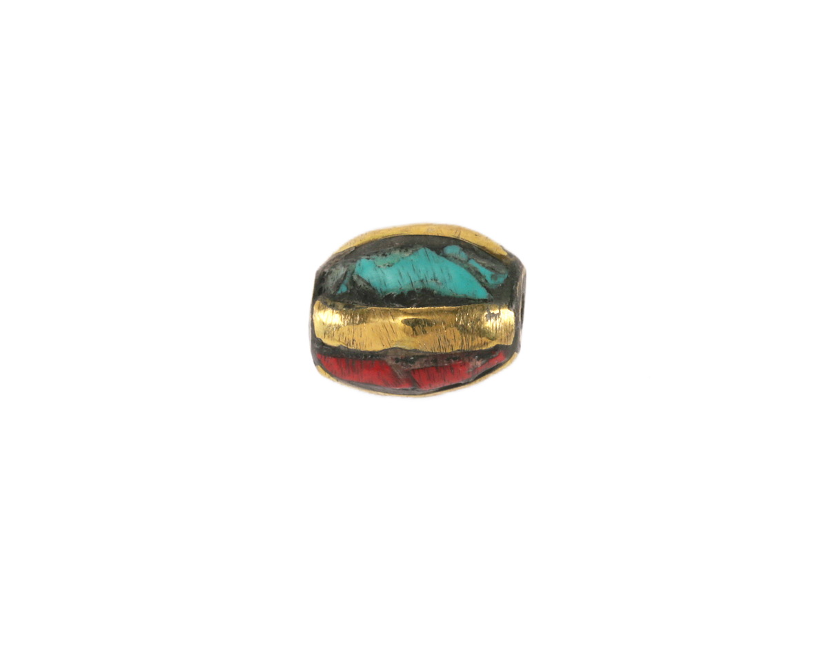 Nepalese Brass w/ Turquoise & Coral Mosaic Small Rice Bead 11-12x8mm