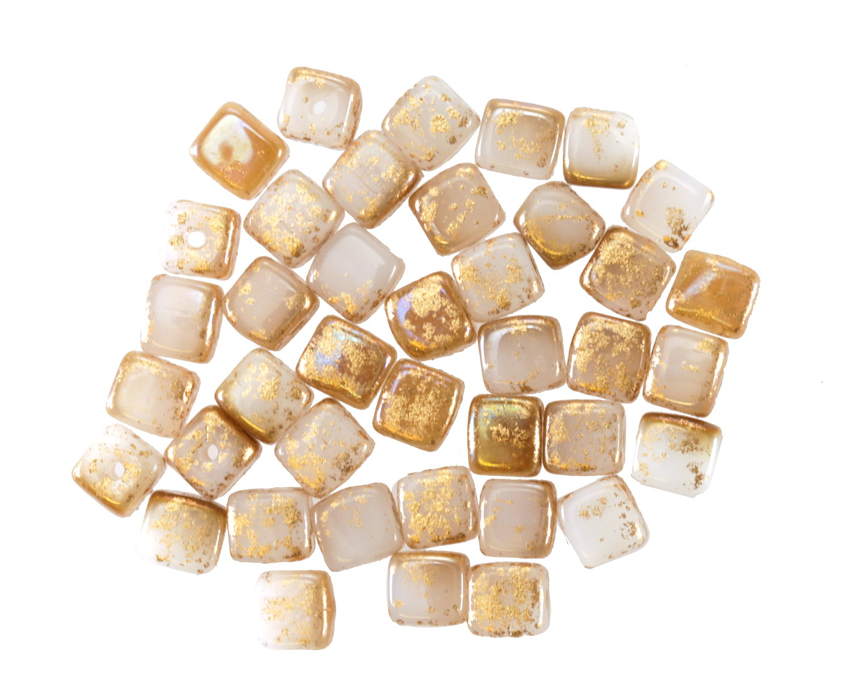 Czech Glass White Opal w/ Gold Cube 4mm