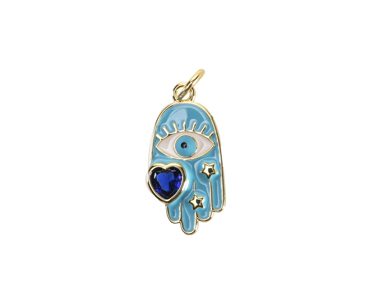 18k Gold (plated) Light Blue Enamel Hamsa Hand w/ Dark Blue Heart Focal 9.5x19mm