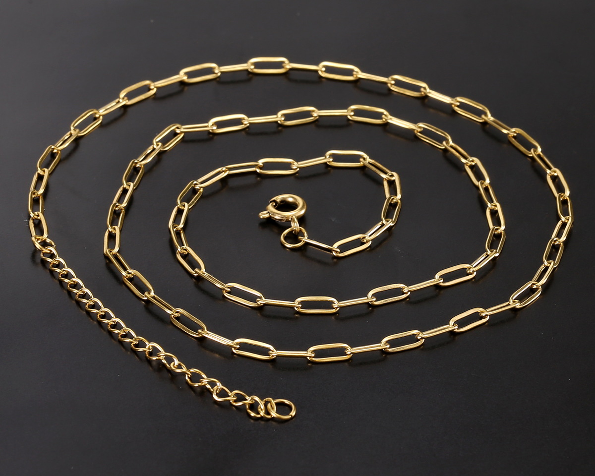 Waterproof 18K Gold PVD Plated Stainless Steel Small Paperclip Chain, 18" Finished w/ 2" extender, 7.9x2.3mm links