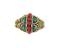 Nepalese Brass Rings & Arches w/ Coral Band & Turquoise Dots Rice Bead 23-25x16mm