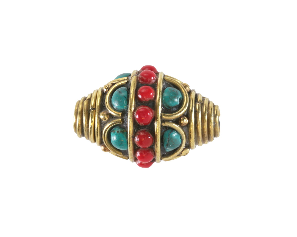 Nepalese Brass Rings & Arches w/ Coral Band & Turquoise Dots Rice Bead 23-25x16mm