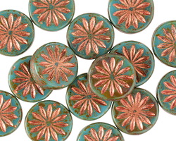 Czech Glass Green Turquoise Picasso w/ Copper Daisy Coin 12mm