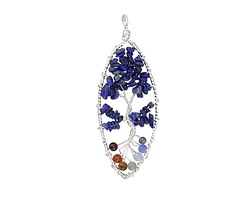 Chakra (Multi Stone) Silver Finish Wire-Wrapped Tree of Life Pendant 30x80mm