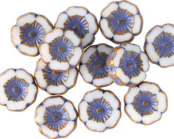 Czech Glass White Picasso w/ Plum Hibiscus Coin 12mm