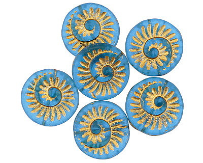 Czech Glass Matte Capri w/ Gold Ammonite Coin 18mm