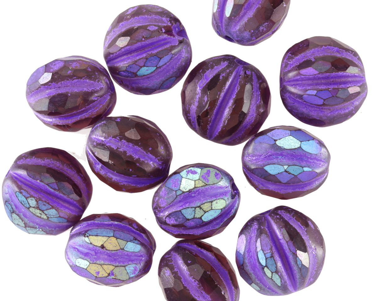 Czech Glass Matte Amethyst AB w/ Purple Wash Faceted Melon Round 10mm