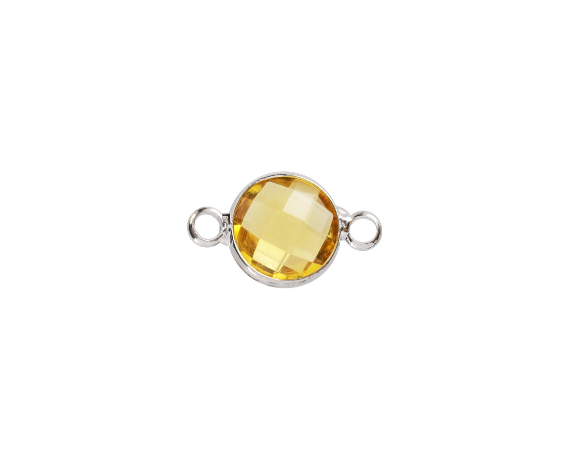 Yellow Crystal Round Link in Silver Finish Bezel 14.5x8.5mm