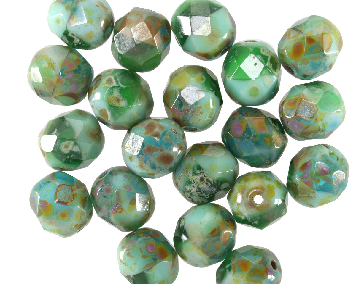 Czech Glass Aquamarine Waters Picasso Fire Polished Round 8mm