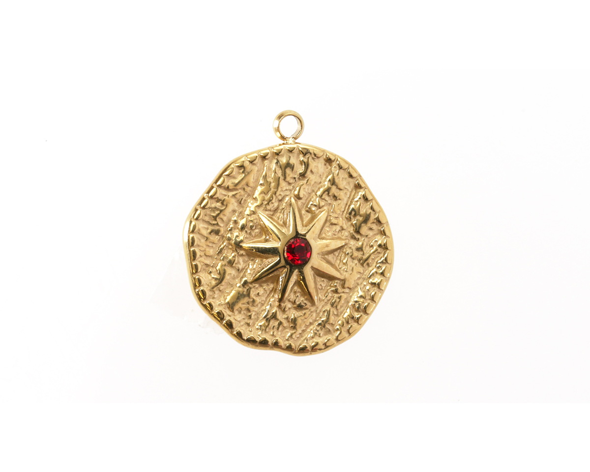 14K Gold (plated) Stainless Steel Star w/ Garnet Crystal Coin Focal 16.5x19mm