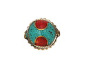 Nepalese Brass w/ Two Semi Circles in Turquoise & Coral Coin 18x16mm