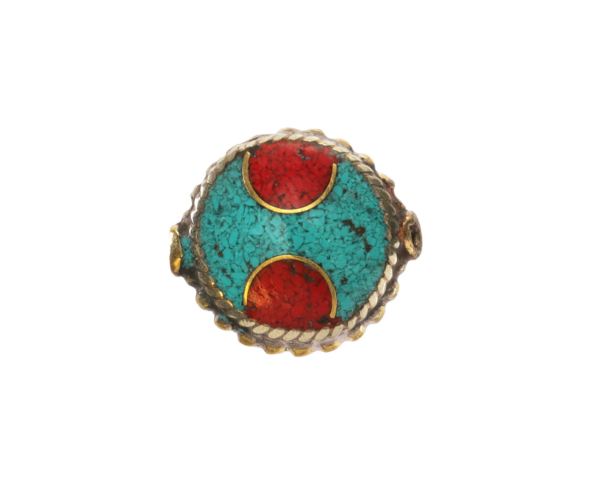 Nepalese Brass w/ Two Semi Circles in Turquoise & Coral Coin 18x16mm