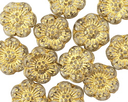 Czech Glass Black Diamond w/ Gold Wild Rose Coin 13mm