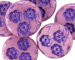 Czech Glass Bubblegum w/ Purple Flower Trio Coin Bead 21mm