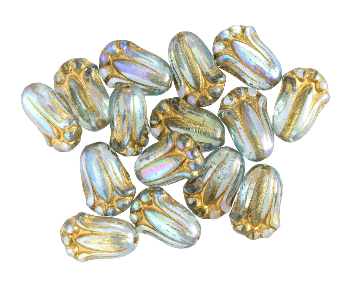 Czech Glass Aquamarine AB w/ Gold Tulip 12x8mm