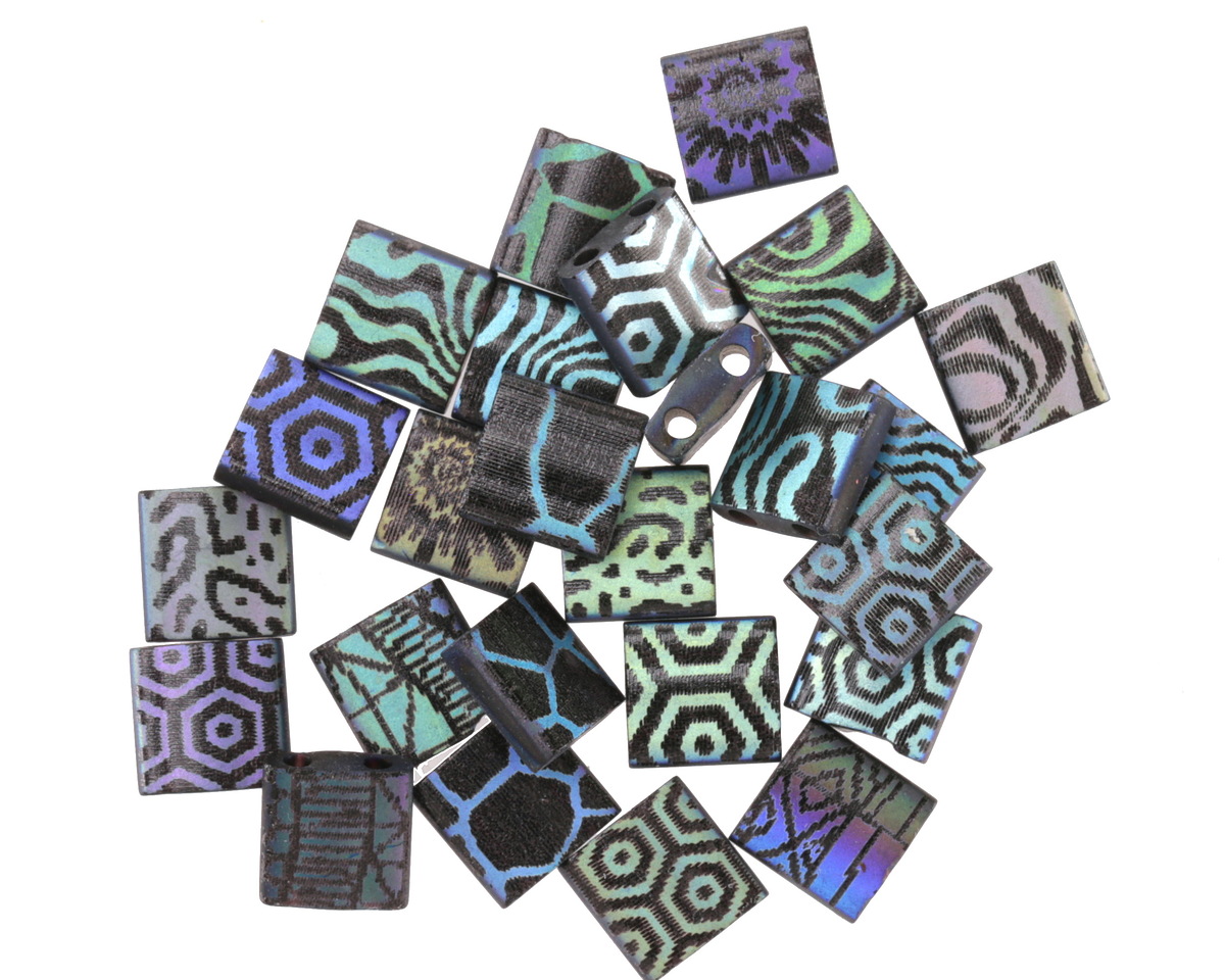 Czech Glass Laser Etched Mixed Designs on Matte Jet AB 2-Hole Tila 5mm