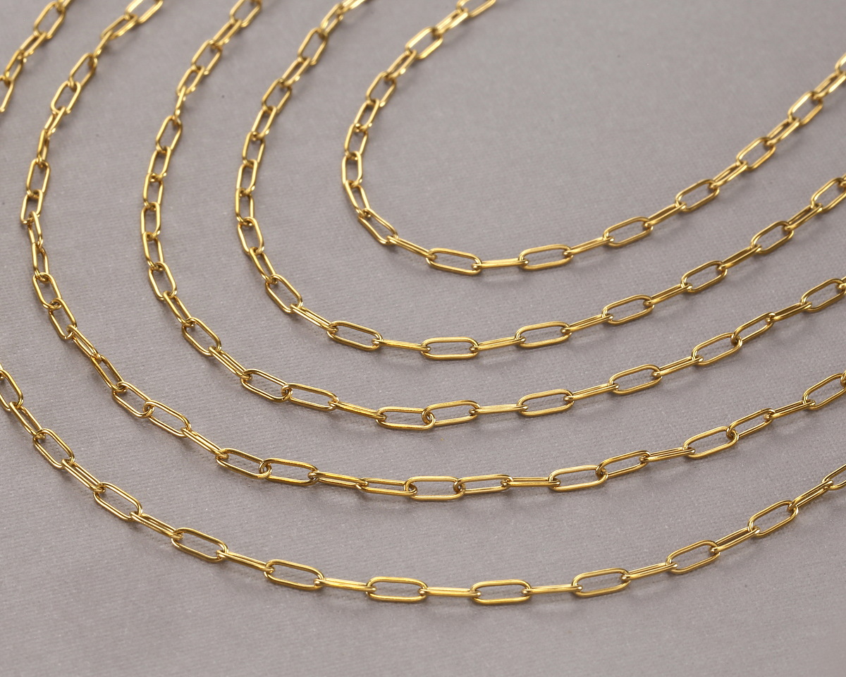 Waterproof 18K Gold PVD Plated Stainless Steel Small Paperclip Chain, 7.9x2.3mm links, 25ft Spool